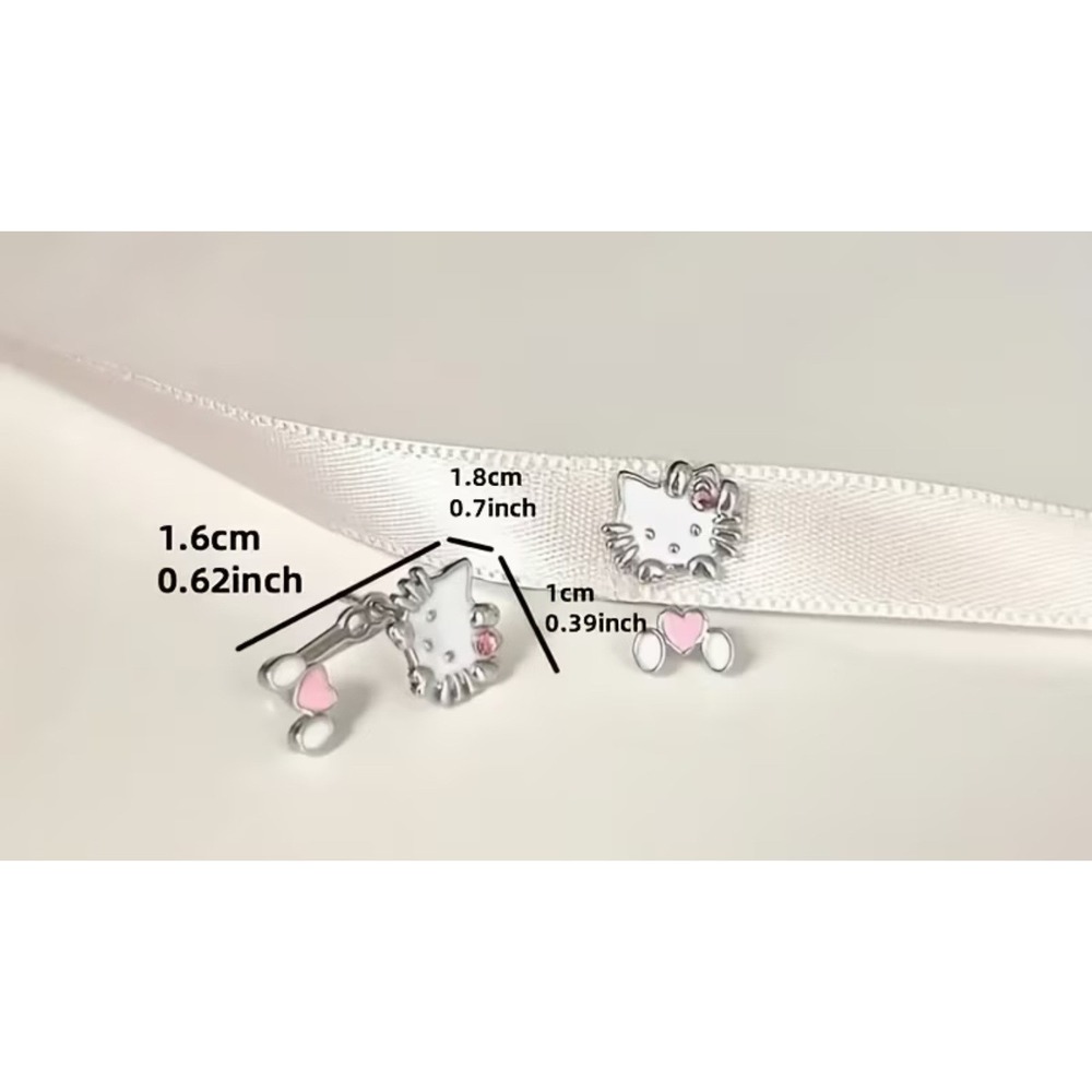 HELLO KITTY Stud Earrings Silver Pink Dangle‎ Jacket Cute Minimal Gift - Picture 4 of 4